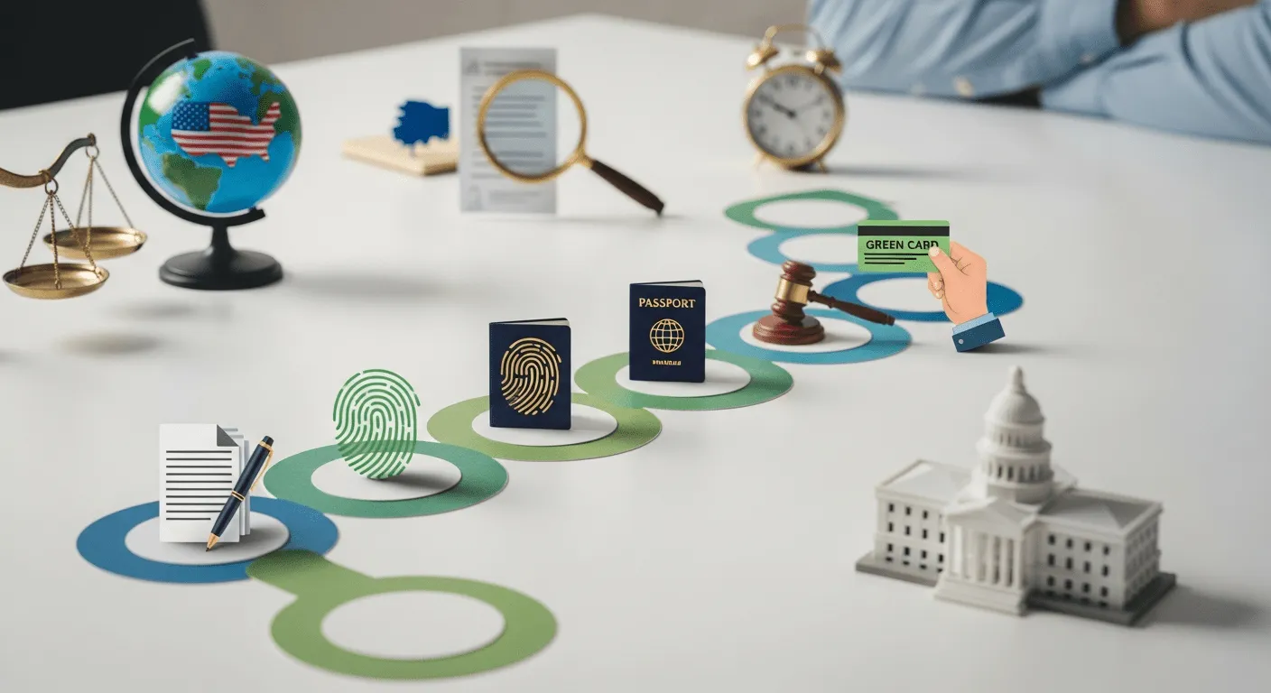 Green Card Process Step-by-Step Timeline Person holding a green card with U.S. immigration forms on a desk